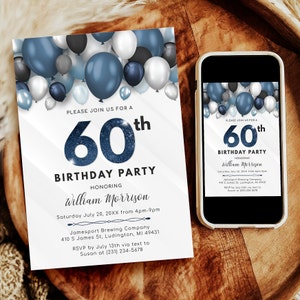 Balloons 60th Birthday Invitation - Adult SIXTY Birthday Invite - Blue & White Birthday Party - Digital Instant Download - B40 BP40C