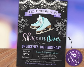 Ice Skating Birthday Invitation - Ice Skating Birthday Party Invite Purple - Digital INSTANT DOWNLOAD Personalize Customize Printable BKIS