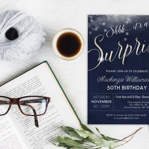Surprise Birthday Invitation Invite Party ANY AGE Silver Glitter & Dark Blue Digital INSTANT download 5x7 Editable adult mens male womens image 2