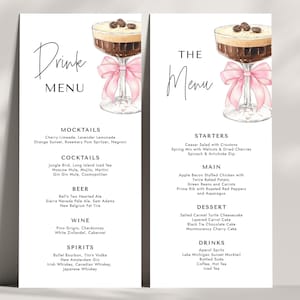 Pink Bow Espresso Martini Bar Menu Bebidas Menu Comida Modelo de Menu - Um Pouco Mais Perto de Felizes Para Sempre - Download Digital Editável 5009C