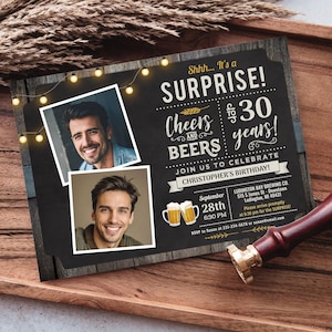 30th Cheers and Beers Surprise Birthday Party 2 Photo Invitation - Digital INSTANT Download Editable Adult Mens CBBP