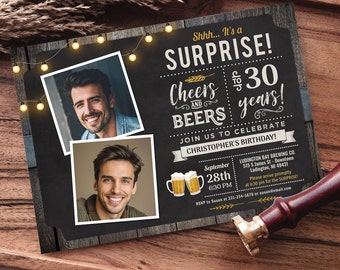 30th Cheers and Beers Surprise Birthday Party 2 Photo Invitation - Digital INSTANT Download Editable Adult Mens CBBP