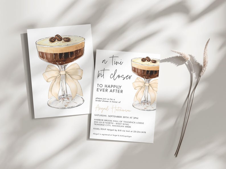 Bow Espresso Martini Bridal Shower Invitation - A Tini Bit Closer to Happily Ever After - Editable Digital Download 5009CE