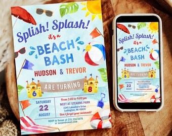 Puede incluir: Una invitación colorida para una fiesta de cumpleaños en la playa para Hudson y Trevor, que cumplen 6 y 8 años. La invitación presenta una escena de playa con un castillo de arena, una pelota de playa y una sombrilla de playa. El texto de la invitación dice "¡Splish! ¡Splash! ¡Es una fiesta en la playa!" e incluye la fecha y la hora de la fiesta.