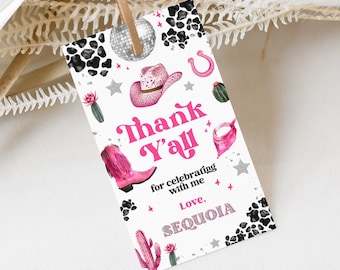 Editable Space Cowgirl Birthday Favor Tag Template - Pink Disco Cowgirl Party - Nashville Rodeo Party - Instant Download 0600