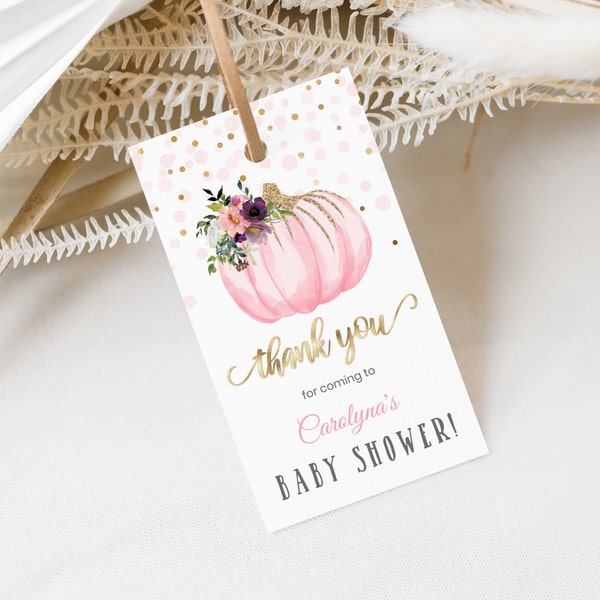 Editable Little Pumpkin Baby Shower Favor Tags - Pink & Gold Floral - Autumn Fall Baby Shower - Rectangle Gift Tags - Digital Download BBS16
