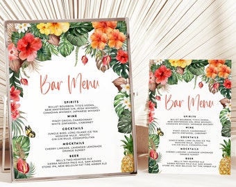 May include: Two tropical-themed bar menus with floral borders and a pineapple illustration. The menus list spirits, wine, cocktails, mocktails, and beer. The text on the menus reads "Bar Menu".