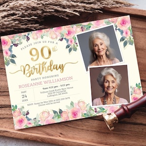 90. Geburtstag 2 Fotoeinladung - Erwachsene NEUNZIG Geburtstagseinladung - Gold, Creme & erröten rosa Blumen-Digitaler SOFORT-Download bearbeitbar - B23C