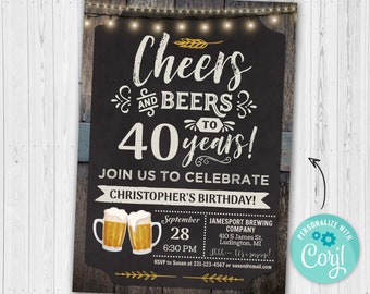 40th Cheers and Beers Birthday Party Invitation FORTY Chalkboard & Wood Digital INSTANT Download 5x7 Editable adult mens male CBBP