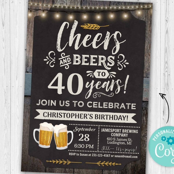 40th Cheers and Beers Birthday Party Invitation FORTY Chalkboard & Wood Digital INSTANT Download 5x7 Editable adult mens male CBBP