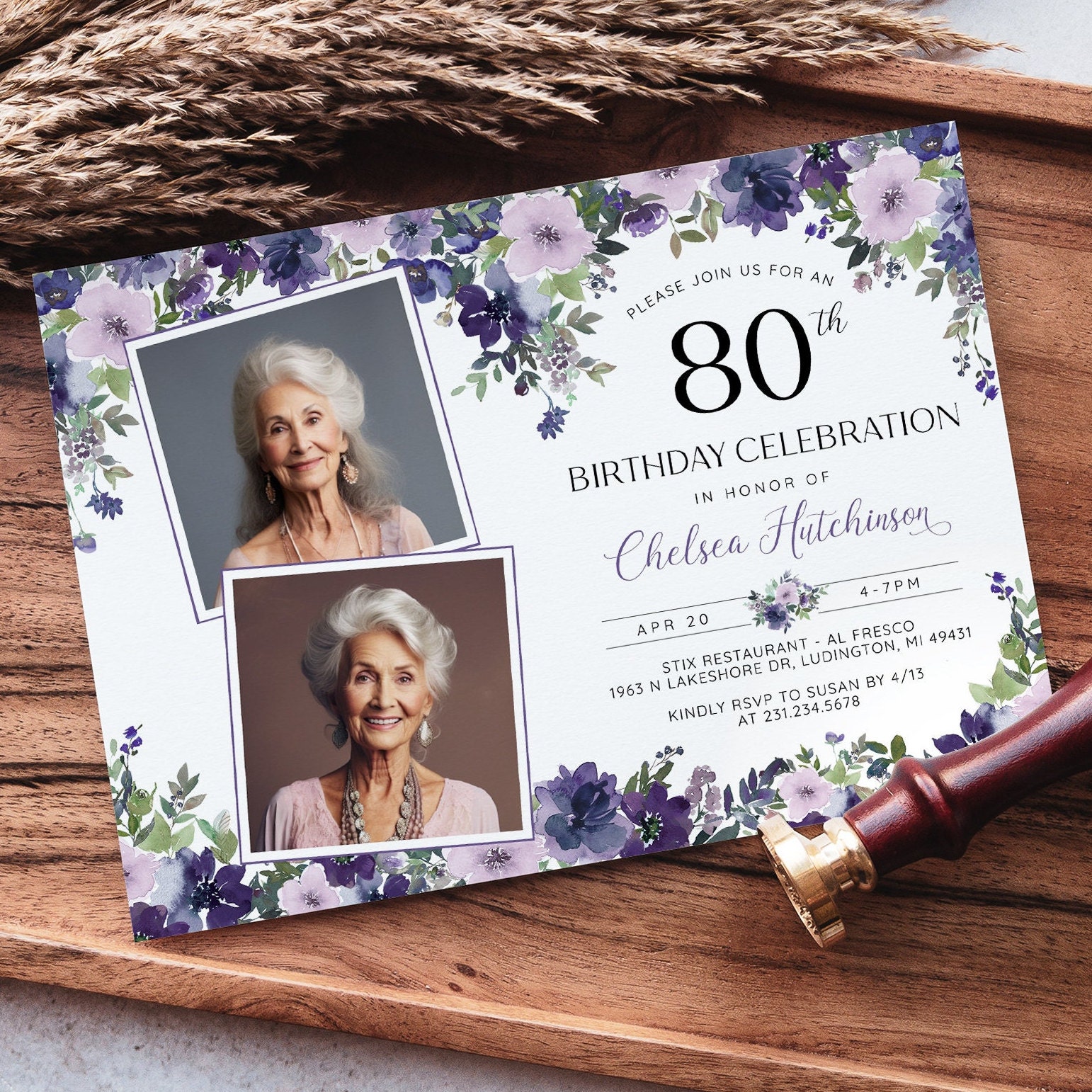 Invitation photo modifiable 80e anniversaire 2 - Invitation photo d'anniversaire adulte - Téléchargement numérique moderne minimaliste féminin violet Floral - B23D