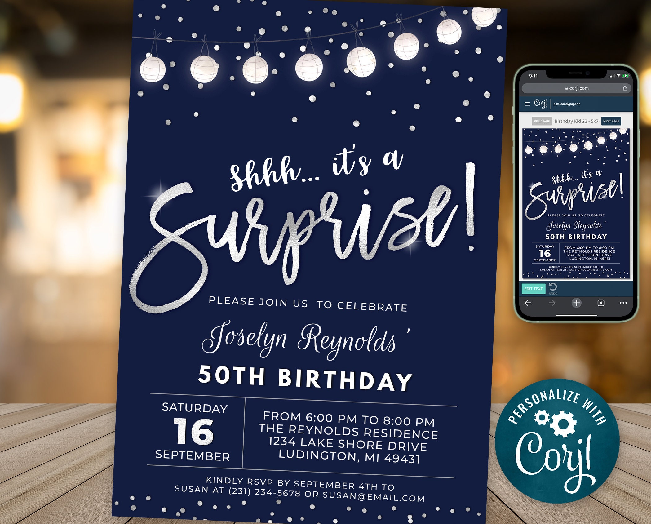Surprise Birthday Party Invitation Invite ANY AGE Navy Blue & Silver Glitter Sparkle Digital INSTANT Download Editable B95