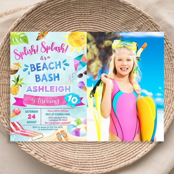 Digitale und druckbare Strandparty Fotoeinladung Strand-Themaparty, mit Danke, bearbeitbarer Sofortdownload BPTY