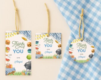 May include: Three gift tags with a picnic theme. The tags feature illustrations of burgers, watermelon, and a grill. The words "Thank You, Love, Abigail" are printed on the tags. Each tag has a yellow string for hanging.