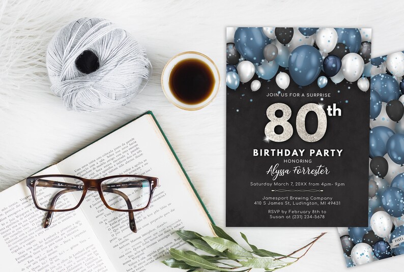 Balloons 80th Birthday Invitation Adult Eightieth Birthday | Etsy