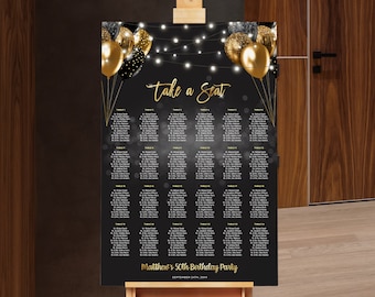 Party Seating Chart Black Gold Glitter Lights Party Seating Chart Digital INSTANT download Editable mens womens BPB BGB
