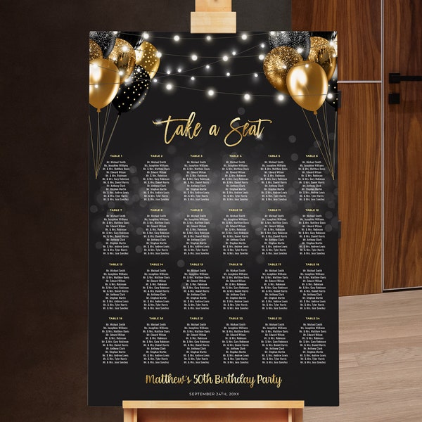 Party Seating Chart Black Gold Glitter Lights Party Seating Chart Digital INSTANT download Editable mens womens BPB BGB