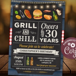 30th - BBQ & Grill and Chill Barbecue Party Birthday Invitation - 30th Birthday Invitation for Men Digital INSTANT Download 5x7 Editable