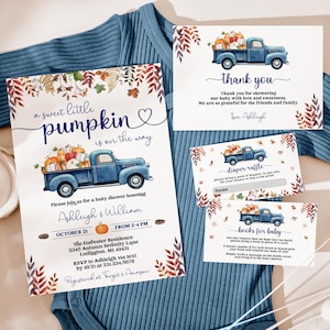 Editable Little Pumpkin Baby Shower Invitation Set - Blue Truck Autumn Fall Baby Shower - Rustic Boho - Printable Digital Download 0910