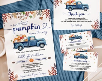 Set di inviti modificabili per baby shower a tema zucca - Baby shower autunnale con camion blu - Rustico Boho - Download digitale stampabile 0910