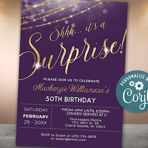 Surprise Birthday Invitation Invite Party Plum Purple & Gold Invitation Glitter  Invite Digital INSTANT download Editable Adult B27 B27G