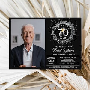 Cheers 70th Birthday Photo Invitation SEVENTY Party Silver Glitter