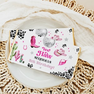 Bearbeitbare Space Cowgirl Geburtstag Candy Bar Wrapper Vorlage - Pink Disco Cowgirl - Nashville Rodeo - Instant Download 0600