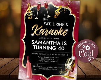 Adult Karaoke Party Invitation, Birthday Invitation, Karaoke Party Singing Party, Red & Gold Party Invite, Editable Digital Instant Download