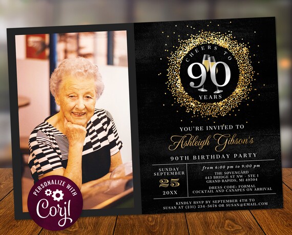 Cheers 90th Birthday Photo Invitation NINETY Party Silver Gold - Etsy