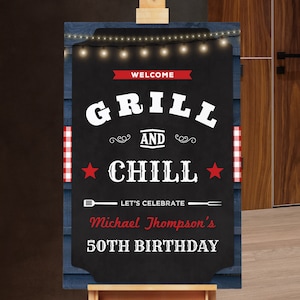 Affiche de bienvenue d'anniversaire de BBQ, affiche de signe de bienvenue d'anniversaire en téléchargement numérique imprimable modifiable BBQ1