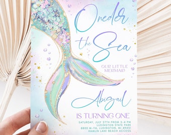 Oneder the Sea Mermaid Birthday Invitation - Girl 1st Birthday - Mermaid Party - Editable Digital and Printable - 1620BP