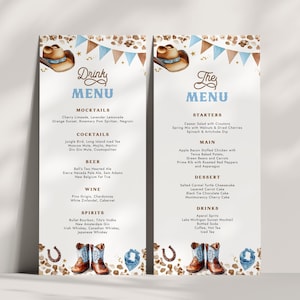 May include: A printable menu template with a western theme. The menu is divided into two columns, one for drinks and one for food. The menu features watercolor illustrations of cowboy hats, boots, and horseshoes. The text on the menu includes "Drinky Menu" and "The Menu".