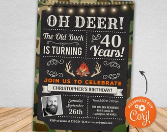 Old Buck Birthday Invitation Any Age, Camo & Deer Hunting Bonfire Party Digital Instant Download Editable adult mens male guys TOBP CBBP