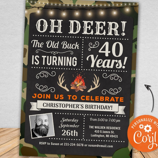 Old Buck Birthday Invitation Any Age, Camo & Deer Hunting Bonfire Party Digital Instant Download Editable adult mens male guys TOBP CBBP