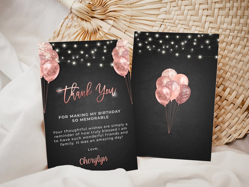 Black and Rose Gold Editable Thank You Card + Tag Template - Digital ...