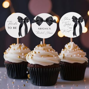She&#39;s Tying the Knot Bridal Shower Cupcake Topper Template - Modern Black Ribbon Wedding Shower Decor - Editable Digital Download 5011BDS