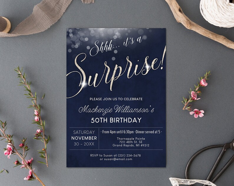 Surprise Birthday Invitation Invite Party ANY AGE Silver Glitter & Dark Blue Digital INSTANT download 5x7 Editable adult mens male womens image 4