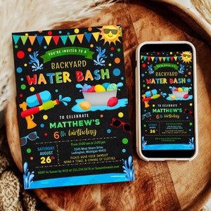 Invito di compleanno con pistola ad acqua per ragazzo Compleanno digitale + invito stampabile + grazie - Download immediato modificabile Waterslide WSBPB