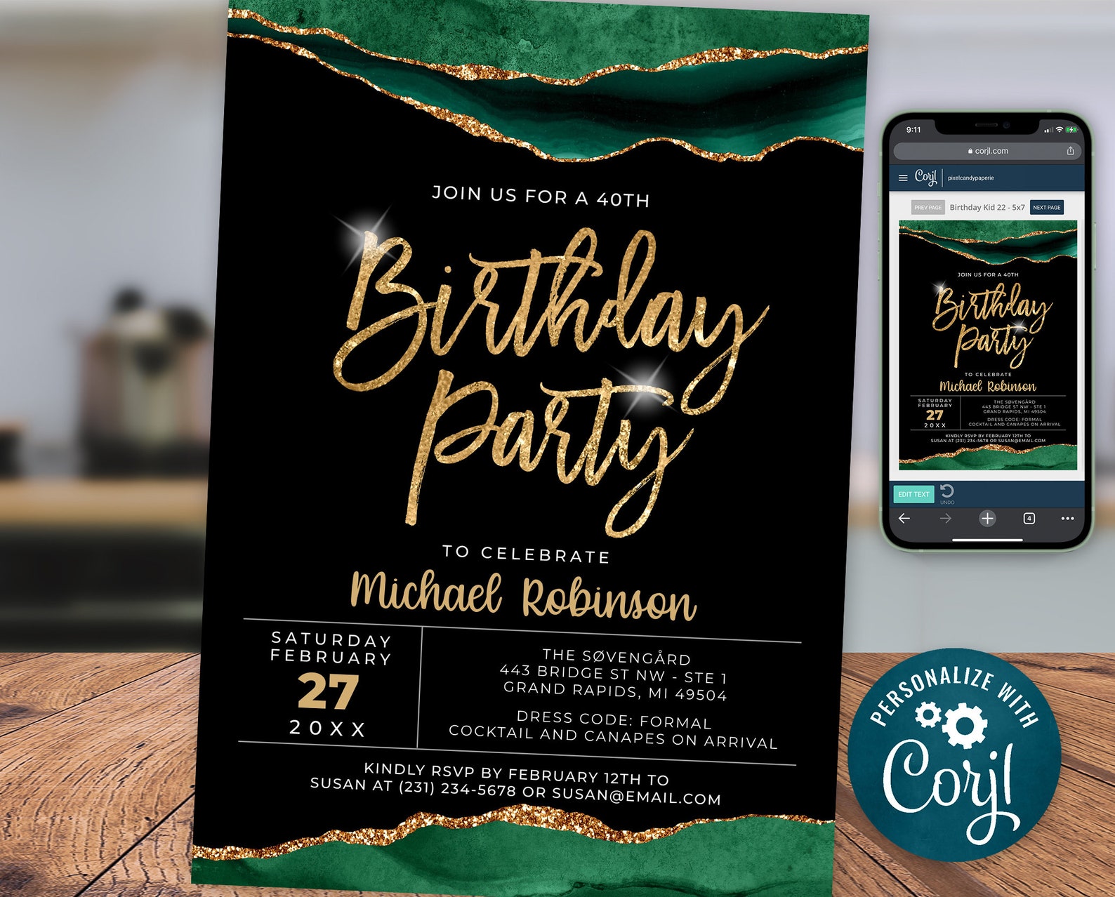 Emerald Green Birthday Invitation Template Any Age Digital Etsy