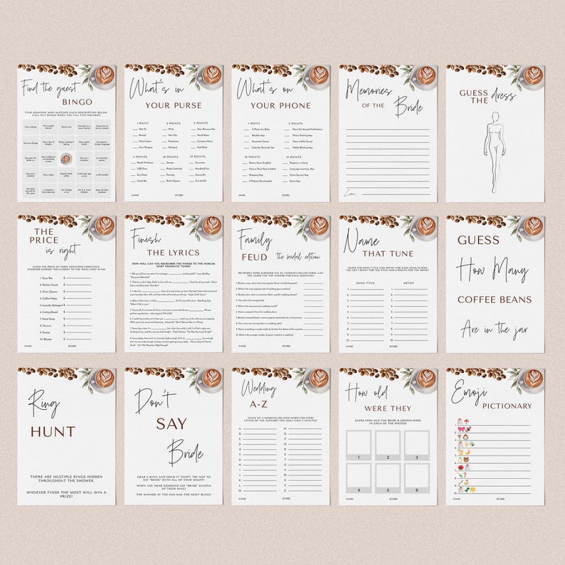 Coffee Bridal Shower Bundle - Love is Brewing Bridal Shower Invitation + Games Bundle - Editable Digital Download 5010BDS