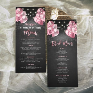 Tarjeta de menú rosa y negra - Plantilla de menú y menú de bebidas Plantilla de menú de evento Descarga digital instantánea Imprimible Editable BPB BGPP