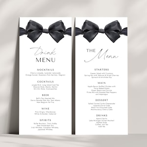 May include: Two black and white printable wedding menu cards with a black bow on each. The left card has a drinks menu with mocktails, cocktails, beer, wine, and spirits. The right card has a food menu with starters, main course, dessert, and drinks.
