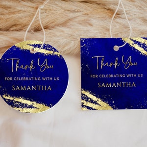 Modelo de etiqueta de favor azul royal e dourado - Modelo de etiqueta de presente, Glitter Sparkle Download digital instantâneo editável BPG BP147