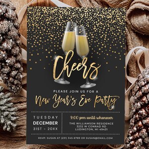 New Years Invitation New Year Party Black and Gold Sparkle New Years Eve Invitation - Printable Digital Download -NYEP
