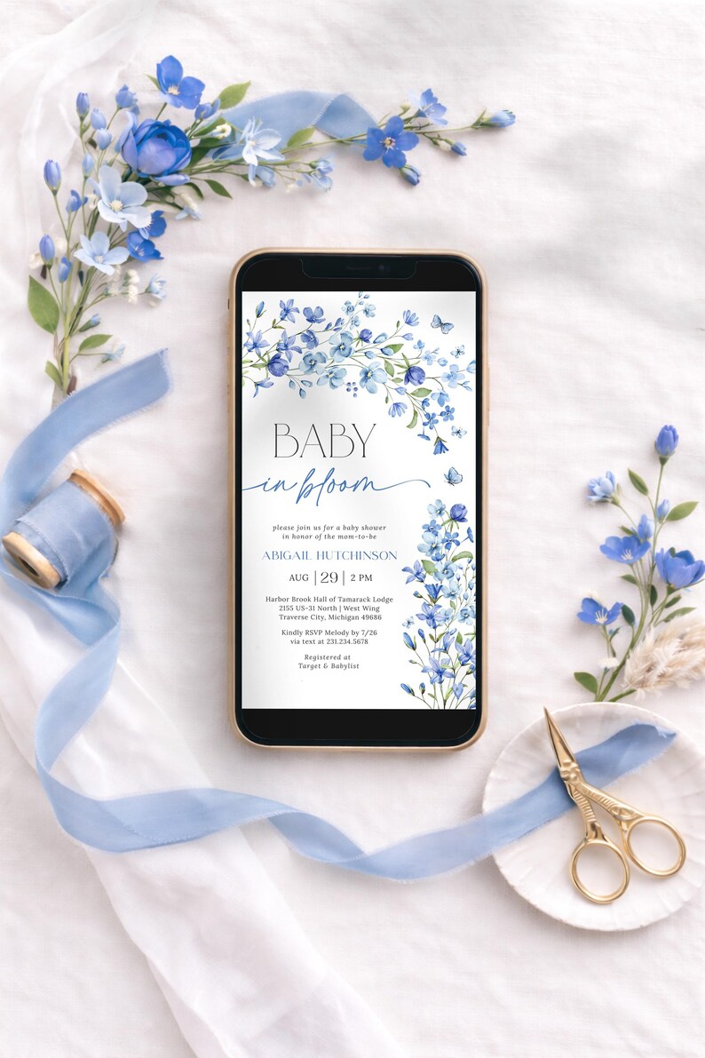 Blue Baby in Bloom Baby Shower Invitation - Editable Template - 6093 ...