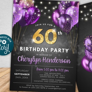 60th Birthday Invitation SIXTY Party Black Gold Purple Glitter Sparkle Balloons Digital Instant Download 5x7 Printable Editable BPB BGPG