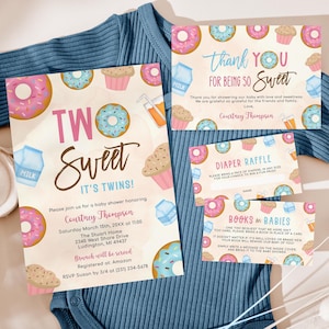 Two Sweet - Twins Baby Shower Invitation Suite - Diaper Raffle + Books for Baby + Thank You Card - Instant Download Editable BS15