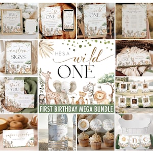 May include: A collection of party supplies with a safari theme, including invitations, signs, cupcake toppers, and banners. The text "He's a Wild One" and "First Birthday Mega Bundle" are visible. The color palette includes beige, brown, and green.