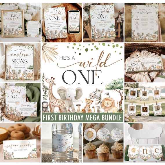 Wild One Boy 1st Birthday Bundle - Jungle Safari Boy First Birthday Theme - Editable Digital Download 6030-1