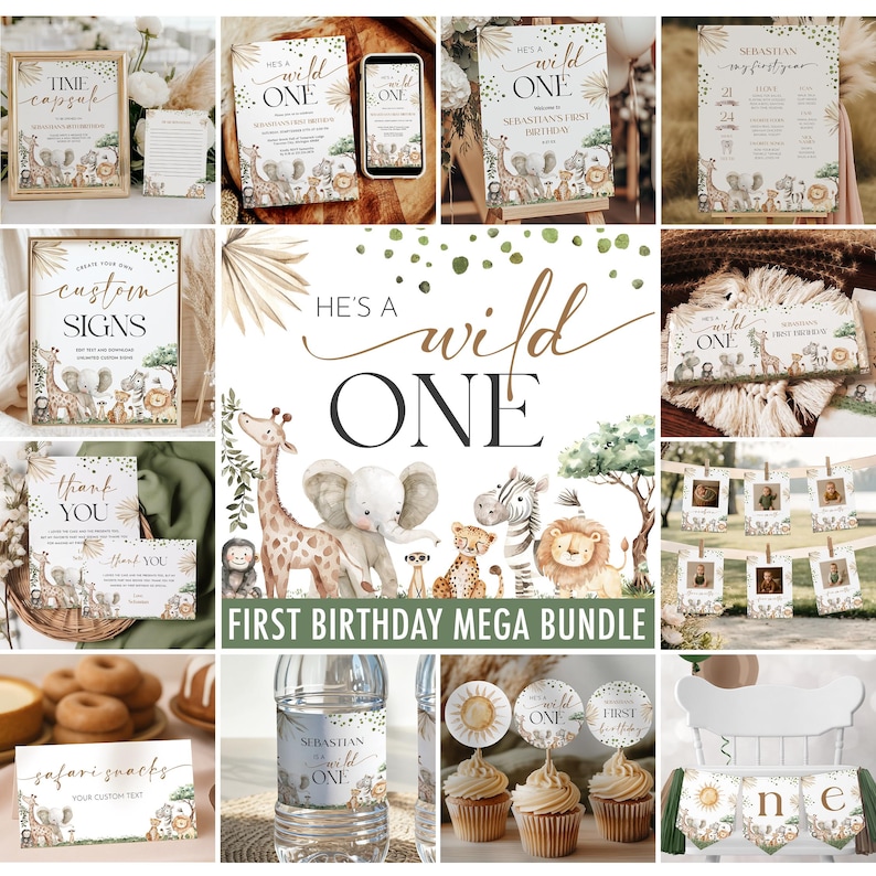 Wild One Boy 1st Birthday Bundle - Jungle Safari Boy First Birthday Theme - Editable Digital Download 6030-1